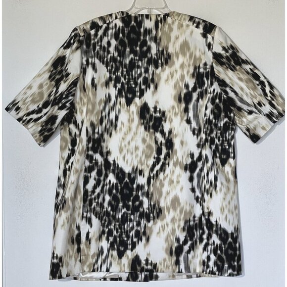 Tahari Beige Black Abstract Print Snaps Front Pockets Stretch Duster Coat - Picture 3 of 10